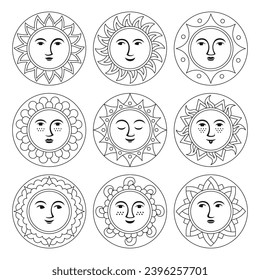 Sun with face abstract doodle cartoon set. Ethnic boho style sunny smiling faces. Funny smiling suns various emotions cute icon. Warm sunshine shining beams. Cheerful vector isolated illustration
