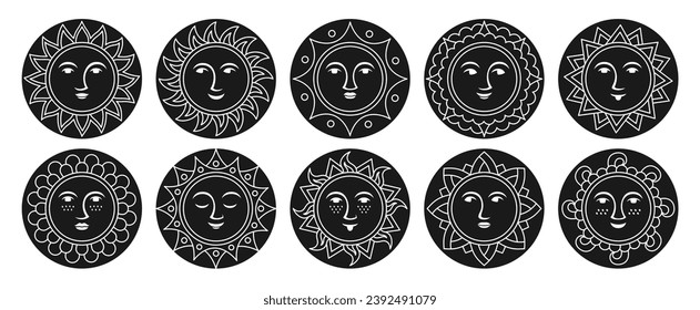 Sun with face abstract engraving cartoon set. Ethnic boho style sunny smiling faces. Funny smiling suns various emotions cute icon. Warm sunshine shining beams. Cheerful vector isolated illustration