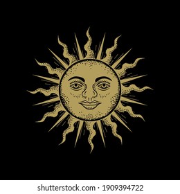 Sun with face. Abstract engraving illustration with esoteric, boho, spiritual, geometric, astrology, magic themes, for tarot reader, card or posters