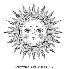 Sun face astrology symbol. Alchemy icon. Bohemian sun with face. Antique style design esoteric symbol. Boho sun silhouette. Vintage hand drawn sun character. Magic monochrome heavenly body. Tattoo 
