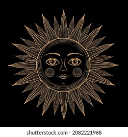 Sun face astrology symbol. Alchemy icon. Bohemian sun with face. Antique style design esoteric symbol. Boho sun silhouette. Vintage hand drawn sun character. Magic monochrome heavenly body. Tattoo 