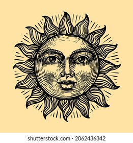 Sun with face. Astrology symbol sketch. Hand drawn vintage vector illustration in engraving style