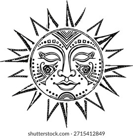 Sun face Aztec style silhouette vector illustration for tribal culture symbols and ancient art.