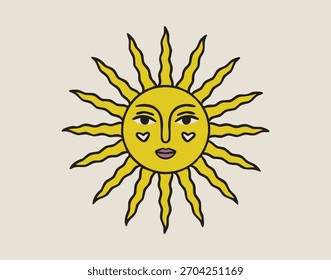 Sol com rosto, boho místico bruxo mão desenhado estilo. Ilustração vetorial.