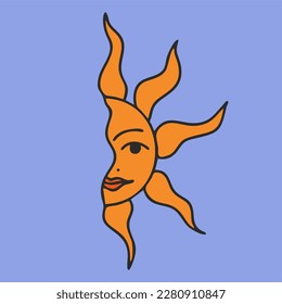 Sun with face in boho style. Flat vector illustration, hand drawn cartoon.