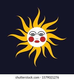 Sun face, boho style, vector bohemian sign