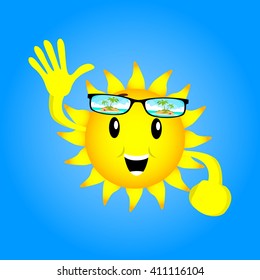Sun Face Cartoon Character Open Mouth Surprised Wear Glasses With Tropical Island View Flat Design Vector Illustration