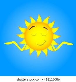 Sun Face Cartoon Character Smile, Closed Eyes, Shrug Shoulders Flat Vector Illustration