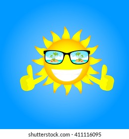 Sun Face Cartoon Character Wear Glasses With Tropical Island View Thumb Up Gesture Flat Vector Illustration