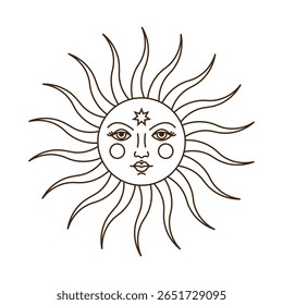 Sun face. Celestial solar symbol. Bohemian astrology illustration.