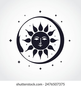 sun with face in circle with stars beautiful silhouette decorative background