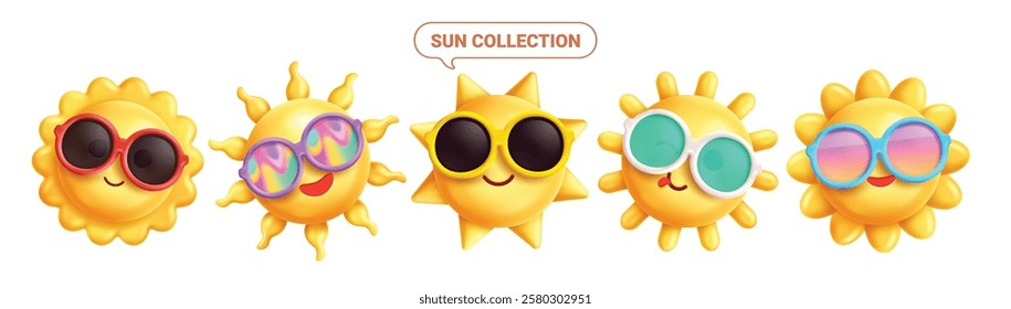 Sun face clipart set. Yellow sun clip art with cute and cool facial expressions wearing sunglasses elements vector illustration summer emoticon collection.
