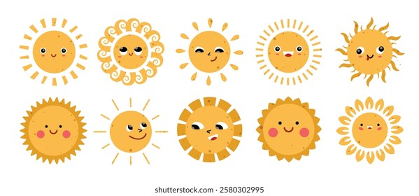 Sun face clipart set. Yellow sun abstract clip art vector illustration with facial expressions like cute and happy flat icon collection.
