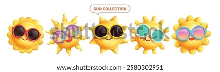 Sun face clipart set. Yellow sun clip art with cute and cool facial expressions wearing sunglasses elements vector illustration summer emoticon collection.
