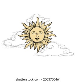 The Sun with face and closed eyes among the clouds. Mystical heaven hand drawn illustration. Sketch style. Astrology and witchcraft symbol. Engrave vintage stylized. Vector drawing.