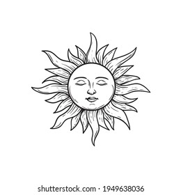 El Sol con cara y ojos cerrados. Ilustración mística dibujada a mano por el cielo. Estilo de esbozo. Símbolo de astrología y brujería. Engrave vintage estilizado. Dibujo de vectores.