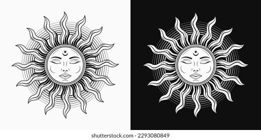 Sonne mit Gesicht, geschlossene Augen. Vektorgrafik im Vintage-Stil auf schwarz-weißem Hintergrund. Mythologischer Märchencharakter, Alchemie und Astrologie-Symbol. Sonnenzeichen. Gut für Groovy, Hippie-Stil