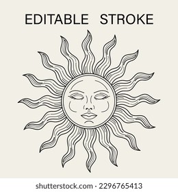 Sun with face, closed eyes. Vector illustration with editable stroke. Mythological fairytale character, alchemy and astrology symbol. Solar sign. Good for groovy, hippie style