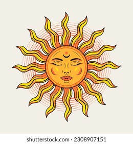 Sun with face, closed eyes. Vector illustration in vintage style on white background. Mythological fairytale character, alchemy and astrology symbol. Solar sign. Good for groovy, hippie style