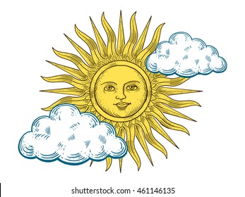 Sun with face and clouds engraving vector illustration. Scratch board style imitation. Hand drawn image.