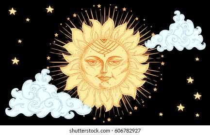 Sun with face, clouds and stars stylized as engraving. Can be used as print for T-shirts and bags, decor element. Hand drawn astrology symbol. Vector