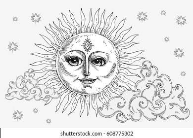 Sun with face, clouds and stars stylized as engraving. Can be used as print for T-shirts and bags, decor element. Hand drawn astrology symbol. Vector