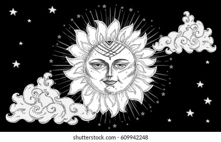 Sun with face, clouds and stars stylized as engraving. Can be used as print for T-shirts and bags, decor element. Hand drawn astrology symbol. Vector