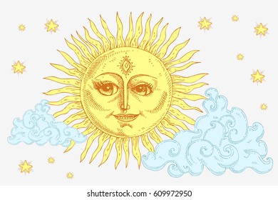 Sun with face, clouds and stars stylized as engraving. Can be used as print for T-shirts and bags, decor element. Hand drawn astrology symbol. Vector