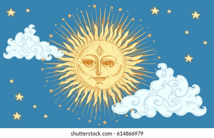 Sun with face, clouds and stars stylized as engraving. Can be used as print for T-shirts and bags, decor element. Hand drawn astrology symbol. Vector