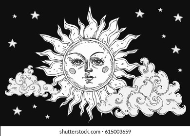Sun with face, clouds and stars stylized as engraving. Can be used as print for T-shirts and bags, decor element. Hand drawn astrology symbol. Vector