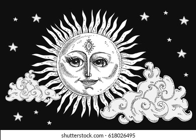 Sun with face, clouds and stars stylized as engraving. Can be used as print for T-shirts and bags, decor element. Hand drawn astrology symbol. Vector