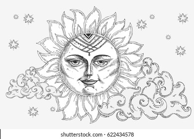 Sun with face, clouds and stars stylized as engraving. Can be used as print for T-shirts and bags, decor element. Hand drawn astrology symbol. Vector