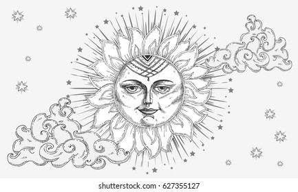 Sun with face, clouds and stars stylized as engraving. Can be used as print for T-shirts and bags, decor element. Hand drawn astrology symbol. Vector