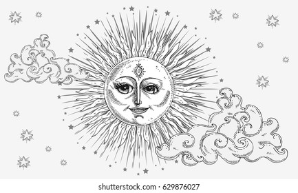 Sun with face, clouds and stars stylized as engraving. Can be used as print for T-shirts and bags, decor element. Hand drawn astrology symbol. Vector