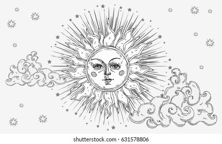 Sun with face, clouds and stars stylized as engraving. Can be used as print for T-shirts and bags, decor element. Hand drawn astrology symbol. Vector