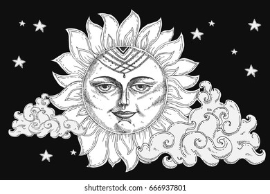 Sun with face, clouds and stars stylized as engraving. Can be used as print for T-shirts and bags, decor element. Hand drawn astrology symbol. Vector