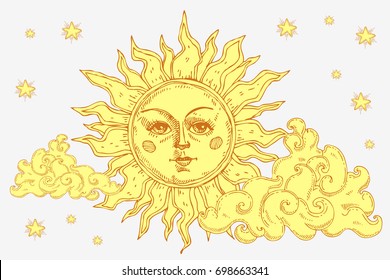 Sun with face, clouds and stars stylized as engraving. Can be used as print for T-shirts and bags, decor element. Hand drawn astrology symbol. Vector