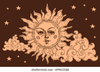 Sun with face, clouds and stars stylized as engraving. Can be used as print for T-shirts and bags, decor element. Hand drawn astrology symbol. Vector