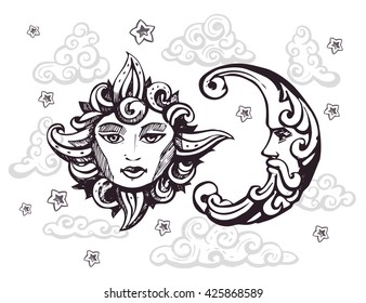 Sun with the face. Clouds and stars. vector illustration