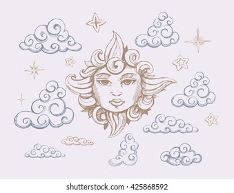 Sun with the face. Clouds and stars. vector illustration