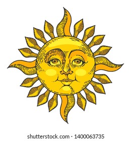 Sun with face color sketch line art engraving vector illustration. Scratch board style imitation. Hand drawn image.