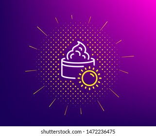 Sun face cream line icon. Halftone pattern. Skin care sign. Cosmetic lotion symbol. Gradient background. Sun cream line icon. Yellow halftone pattern. Vector