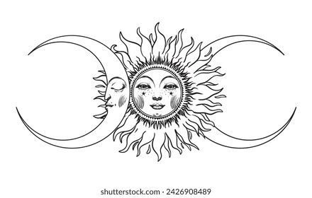 El sol con la cara y la luna creciente con los ojos cerrados. Afiche de dibujo de mano mística, línea celestial tatuaje astrología, vintage vector banner, eclipse logo.