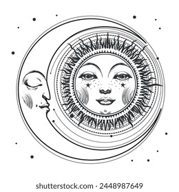 Sun with face and crescent moon, mystical boho illustration, astrology print, horoscope icon for witch. Magic hand drawing isolated on white background.