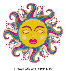 Sun with face and curls in pink, crimson, yellow and blue tones. Mandala. Mehendi. Boho