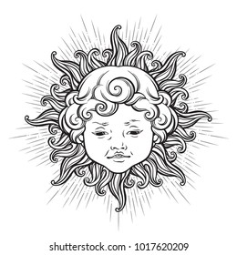 Sun with face of cute curly smiling baby boy isolated. Hand drawn sticker, coloring book pages, print or boho flash tattoo design vector illustration.