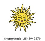 Sun face doodle element. Mystical yellow cartoon whimsical boho style sun, sunshine space cosmic line icon. Vector illustration