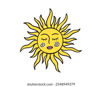 Sun face doodle element. Mystical yellow cartoon whimsical boho style sun, sunshine space cosmic line icon. Vector illustration