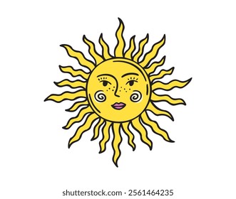 Sun face doodle element. Mystical yellow cartoon whimsical boho style sun, sunshine space cosmic line icon. Vector illustration