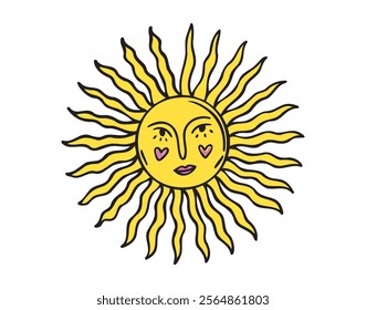 Sun face doodle element. Mystical yellow cartoon whimsical boho style sun, sunshine space cosmic line icon. Vector illustration